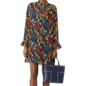 Tory Burch Navy Floral Crinkle 1/4 button Livia  dress
